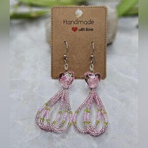 Glass Rose heart beaded dangle earrings.